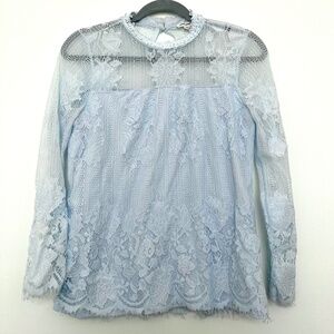 Light blue lace blouse three-quarter sleeves babydoll style size S